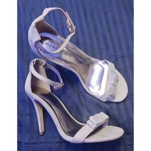 Madden Girl Beige Ankle Strap Open Toe‎ Rhinestone Bow Stiletto Heels, Size 8